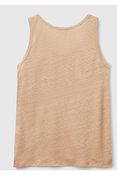 United Colors of Benetton Γυναικείο μπλουζάκι σε μπεζ χρώμα, 100% λινό, με στρογγυλή λαιμόκοψη και κανονική εφαρμογή