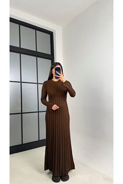 Gaus Kahve Kuşak Detaylı Triko Elbise GAUS-00812