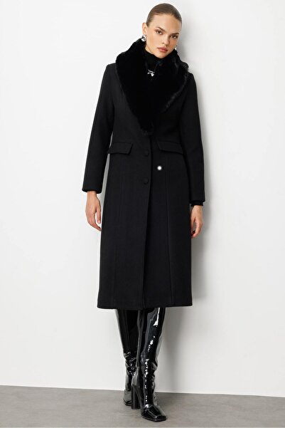 Mizalle Yakası Kürklü Uzun Siyah Yünlü Kaşe Palto