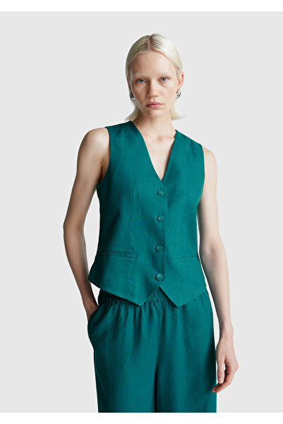 United Colors of Benetton Γυναικείο σκούρο πράσινο γιλέκο από 100% λινό με κο...