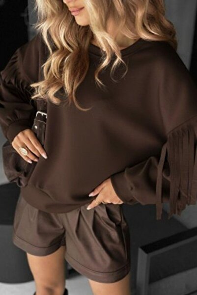 Mossta Μπλούζα Modal με λεπτομέρεια με φούντα με λαιμόκοψη - Καφέ