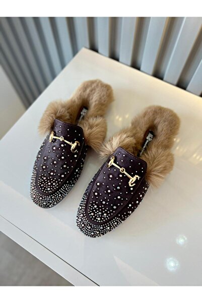 M&B Full Mold, Suede Stone Women's Slippers. Between 36 and 43, with Stylish Stone Details and a Soft Fur Interior Structure.