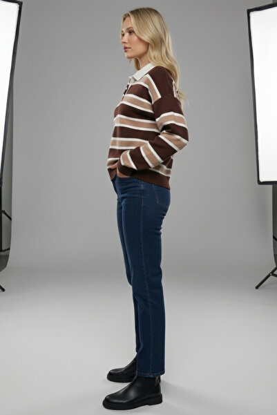 civetta Women's Brown Striped Polo Neck Knit Sweater - Buttoned Soft Winter Top