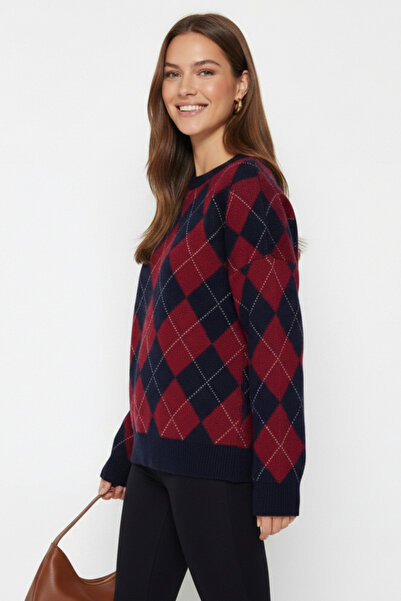 civetta Women's Burgundy Argyle Patterned Bearded Knitwear Sweater - Crew Neck Soft Textured Fuzzy Women's Sweater