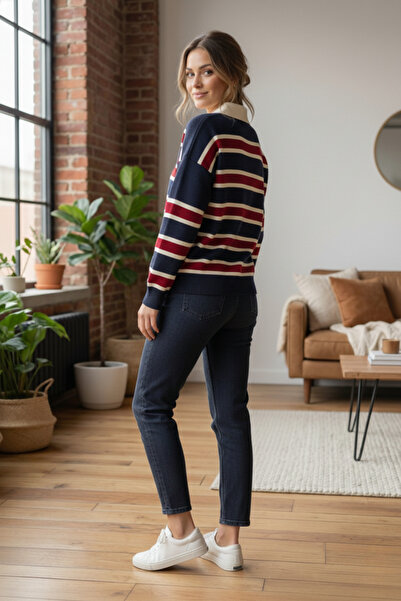 civetta Women's Navy Blue Striped Polo Neck Knit Sweater - Buttoned Soft Winter Top