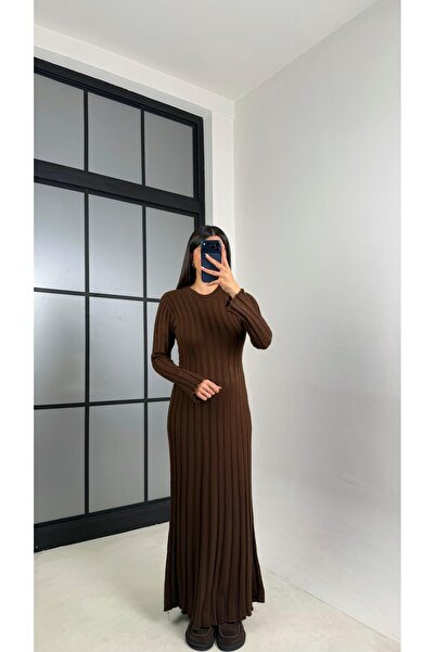 Gaus Kahve Kuşak Detaylı Triko Elbise GAUS-00812