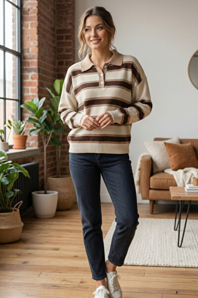 civetta Women's Beige Striped Polo Neck Knit Sweater - Buttoned Soft Winter Top