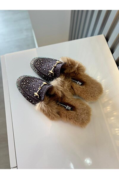 M&B Full Mold, Suede Stone Women's Slippers. Between 36 and 43, with Stylish Stone Details and a Soft Fur Interior Structure.