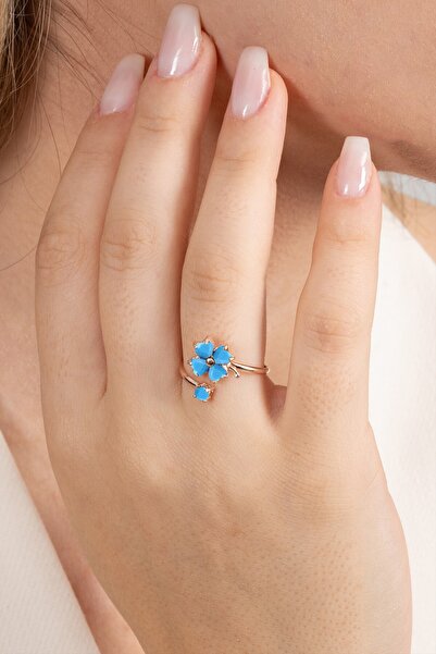 Söğütlü Silver 925 ayar gümüş yüzük rose turkuaz taşlı üstten ayarlamalı yonc...