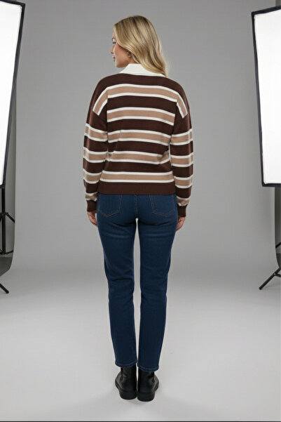 civetta Women's Light Brown Striped Polo Neck Knitwear Sweater - Buttoned Soft Winter Top