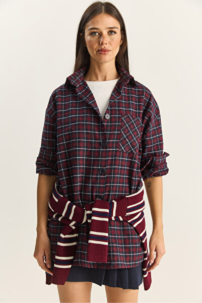 Bianco Lucci Women's Single Pocket Detailed Oversize Plaid Shirt 513 60283572