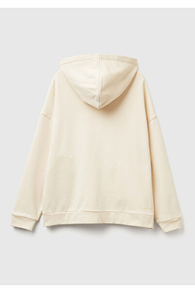 United Colors of Benetton Women's Cream Logo Print Detailed Hooded Relax Fit Sweatshirt