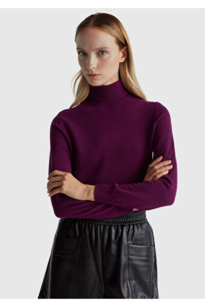 United Colors of Benetton Women's Plum 100% Merino Mock Neck Sweater