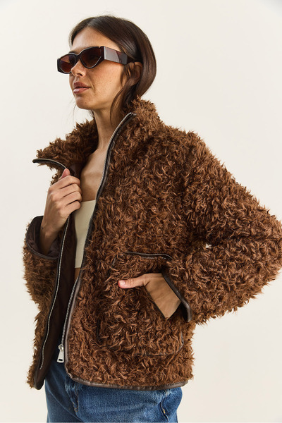 Bianco Lucci Women's Faux Leather Garni Detailed Lined Short Curly Jacket 2841 60281131