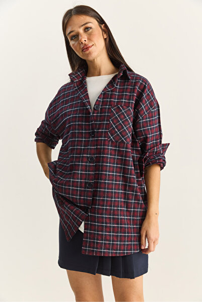 Bianco Lucci Women's Single Pocket Detailed Oversize Plaid Shirt 513 60283572