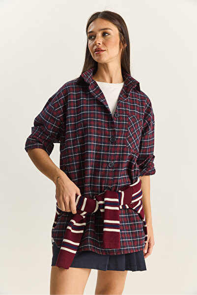 Bianco Lucci Women's Single Pocket Detailed Oversize Plaid Shirt 513 60283572