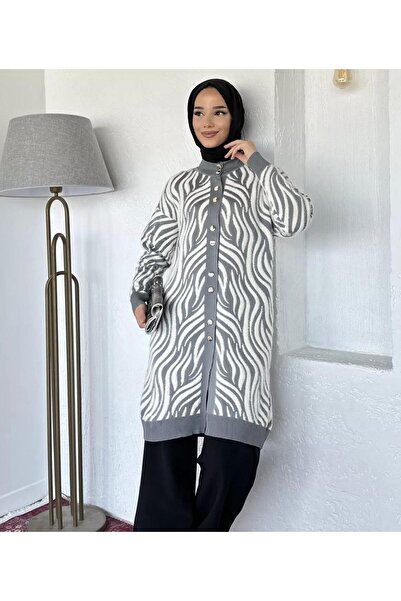 FLEX FASHION Women's Winter Zebra Print Furry 90 cm Knitwear Cardigan