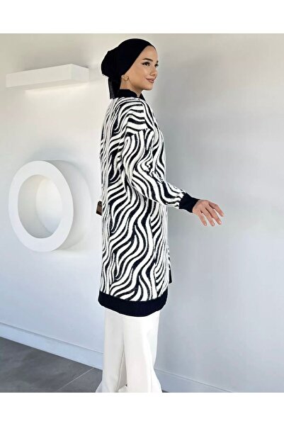 FLEX FASHION Γυναικεία χειμερινή ζακέτα με σχέδιο ζέβρας, με χνουδωτό μπλε ναυτικό τρίκοτο, 90 εκ.