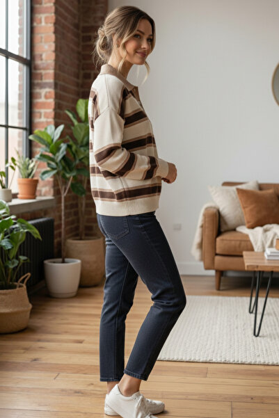 civetta Women's Beige Striped Polo Neck Knit Sweater - Buttoned Soft Winter Top