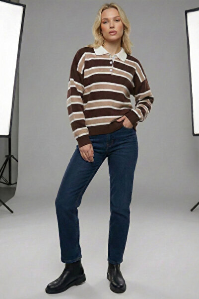 civetta Women's Brown Striped Polo Neck Knit Sweater - Buttoned Soft Winter Top