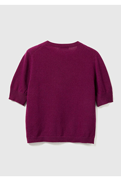 United Colors of Benetton Women's Plum 100% Merino Crew Neck Short Sleeve Sweater
