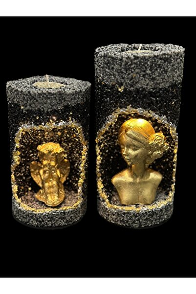magnocandles Kadın ve Melek figürlü Led ışıklı Tealight Mumluk 2’li siyah gol...