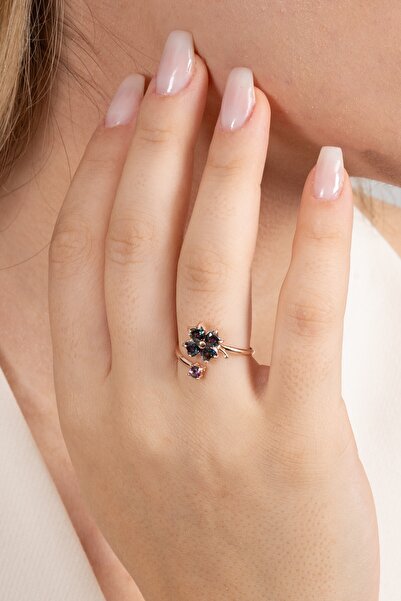 Söğütlü Silver 925 ayar gümüş yüzük rose mistik taşlı üstten ayarlamalı yonca modeli yüzük SGTL13126MOR