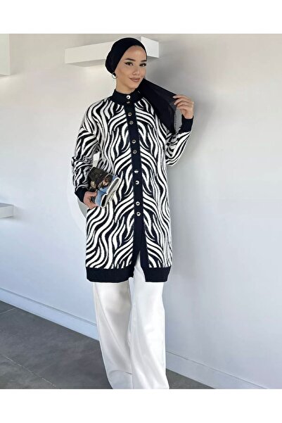 FLEX FASHION Γυναικεία χειμερινή ζακέτα με σχέδιο ζέβρας, με χνουδωτό μπλε ναυτικό τρίκοτο, 90 εκ.