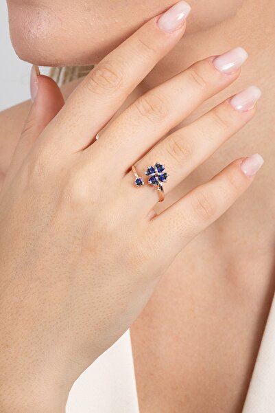 Söğütlü Silver 925 ayar gümüş yüzük rose mavi mistik taşlı üstten ayarlamalı ...