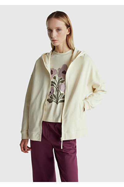 United Colors of Benetton Women's Cream Logo Print Detailed Hooded Relax Fit Sweatshirt
