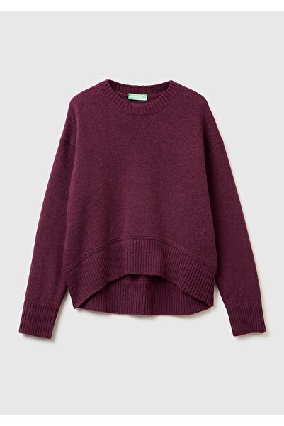 United Colors of Benetton Women's plum wool blend sweater with wide bike collar bottom