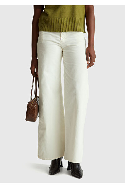 United Colors of Benetton Women's cream cotton blend wide leg velvet trousers with logo label on the back