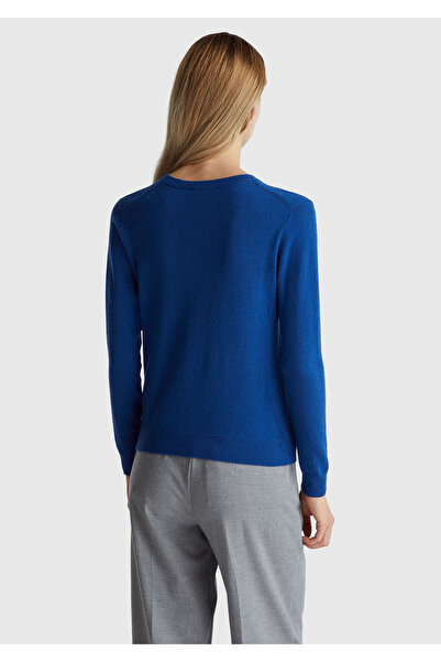 United Colors of Benetton Pulover de damă albastru închis 100% merino guler rotund