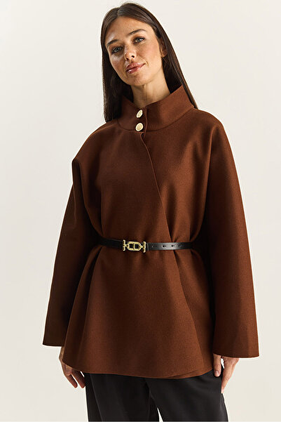 Bianco Lucci Kadın Gold Düğme Detaylı Dik Yaka Kemerli Panço 60282033