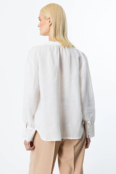 Nazen Giyim Embroidered Linen Ecru Women's Bluse with Buttons on the Front 3926-2Y5