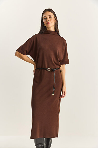 Bianco Lucci Women's Half Turtleneck Faux Leather Belted Steel Knitted Midi Dress 11052 60283854