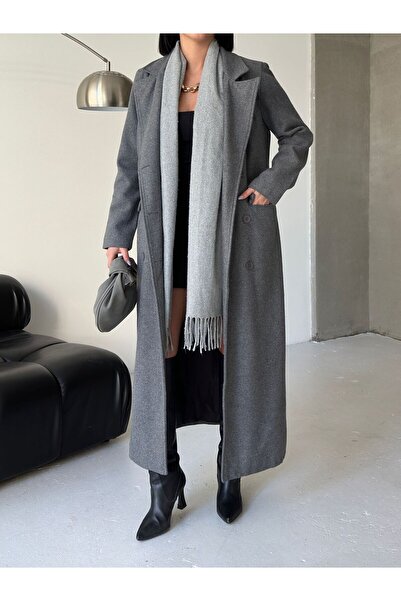 moda paketi Γυναικείο μακρύ γκρι κασετένιο παλτό – Μοντέλο χειμερινού κομψού και μοντέρνου παλτό