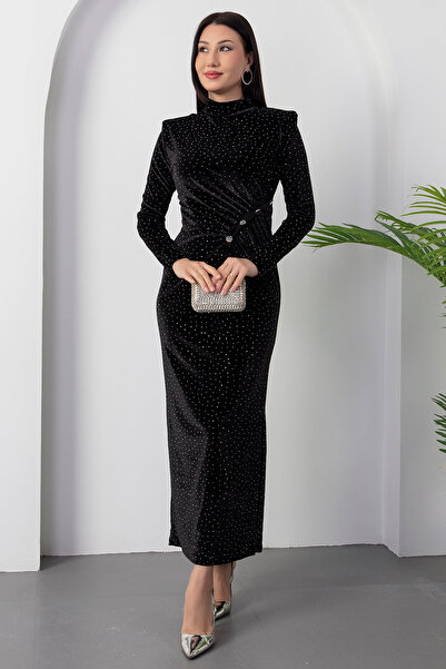 PULLIMM ψηλός λαιμός Φόρεμα από βελούδο με πέτρες βάτα τεμαχίων 2025-4411