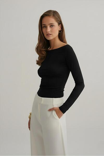 Baluxe Black Boat Neck Modal Long Sleeve Blouse