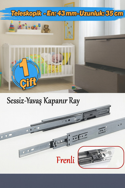 NZB Frenli Teleskopik Çekmece Rayı Bilyalı Dolap Çekmecesi Ray Metal En 4.3 c...