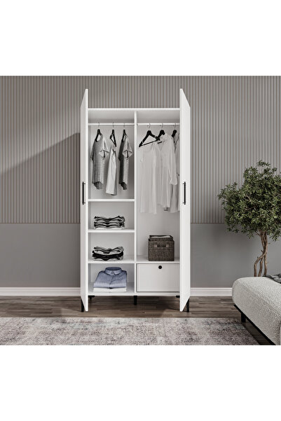 MERLİN MOBİLYA Şipal TEK Çekmeceli 2 Kapaklı 6 Bölmeli Ayaklı Elbise Dolabı
