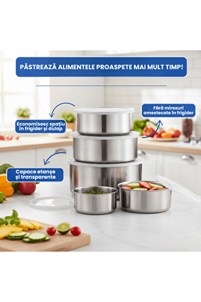 OferteTop Set of 5 Stainless Steel Casseroles With Plastic Lids For Food Storage