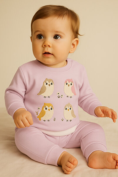 Katia&Bony Embroidered Bird Patterned Baby Set Light Lilac