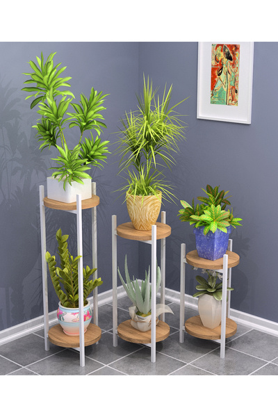 AtelierAnka Dekoratif Metal Gövdeli 3 Katlı Saksılık – Ahşap Raflı Çiçeklik