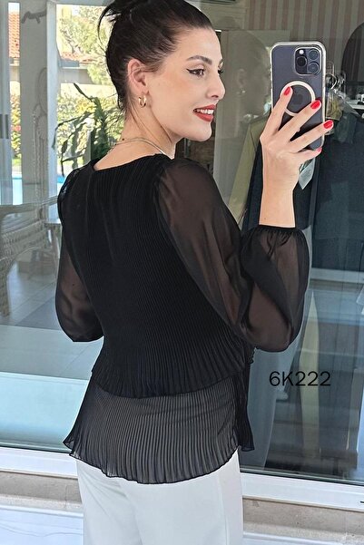 İnce Topuk 2 Layered Pleated Chiffon Blouse 6K222