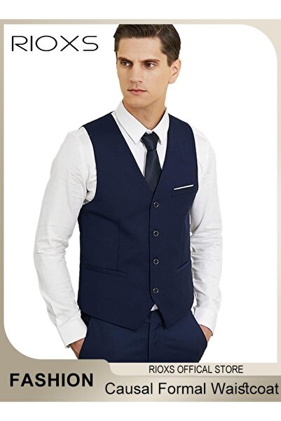 RIOXS Men's Classic Solid Suit Vest with 4 Buttons, Regular Fit Tuxedo Waistcoat, Business Sleeveless Wais