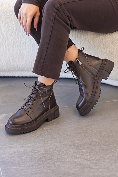 Stilbagshoes Γυναικείες μπότες OLGA POLY SOLE με κορδόνια από γνήσιο δέρμα καφέ