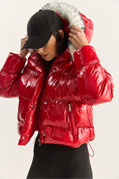 Bianco Lucci Women's Pocket Detailed Lined Hooded Short Puffer Coat 1088 60283867