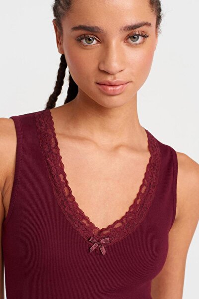 Nazen Giyim Lace Detail Sleeveless Burgundy Women's Crop 31778-2Y5