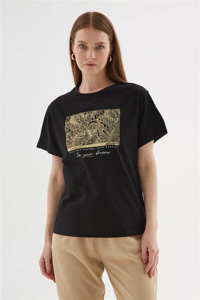Nazen Giyim Zero collar short sleeved printed black women's t-shirt 0062-2y5